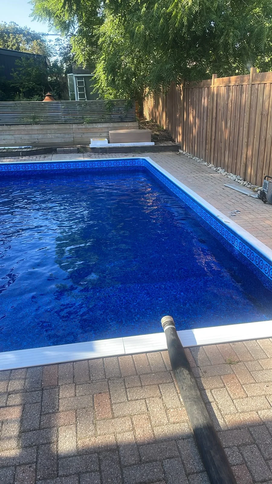 Blue residential swimming pool beside a timber fence